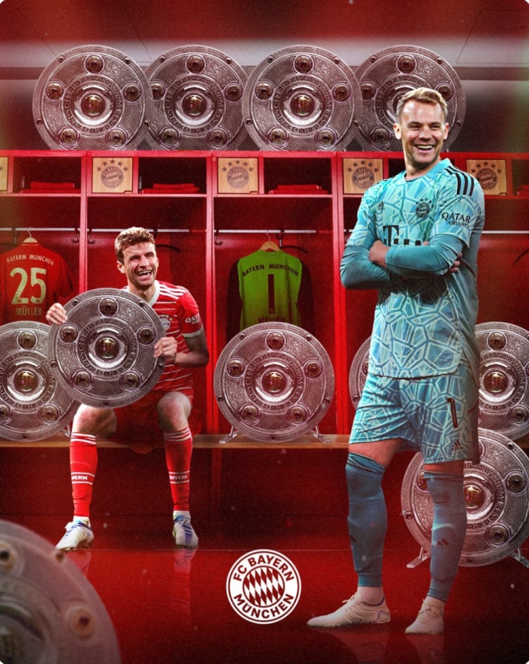 诺伊尔,穆勒连续11个赛季获得德甲冠军,拜仁官方晒海报祝贺