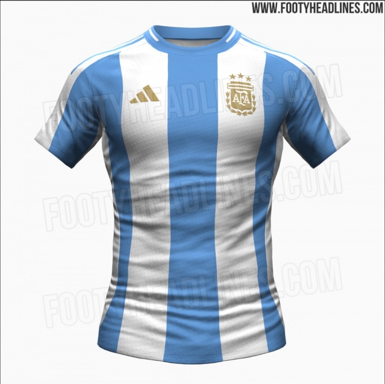 网站曝光阿根廷2024年主场球衣：传统蓝白条纹+金色三星队徽直播吧