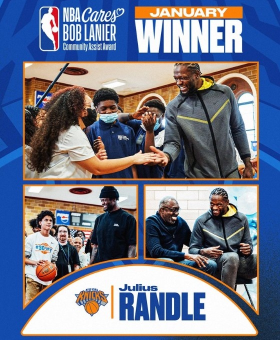 官方：兰德尔获得1月份NBA社区关怀援助奖