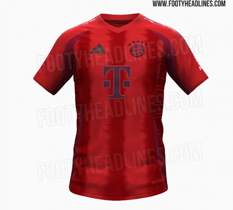 拜仁2024-25赛季主场球衣曝光，主体规范赤色+栗色条纹
