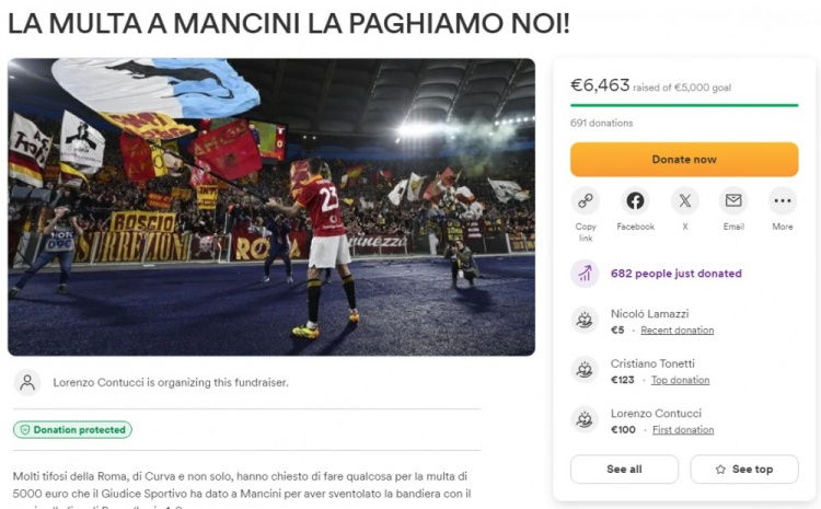 小曼奇尼挥舞拉齐奥老鼠旗帜被罚5000欧，奇尼球迷罗马球迷众筹为他交罚款