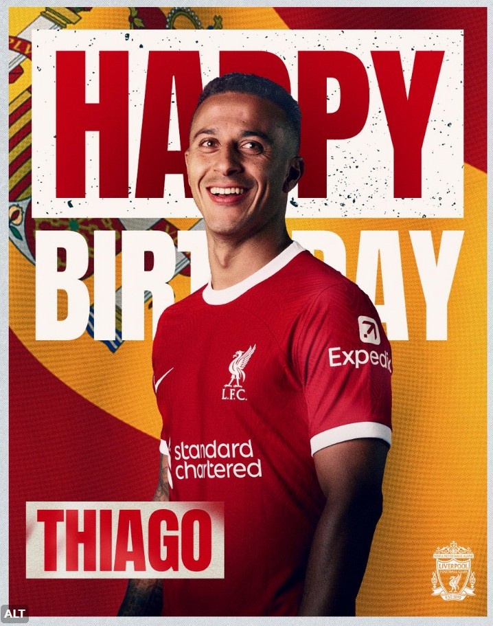 本赛季仅登场5分钟，利物浦官方祝蒂亚戈33岁生日快乐