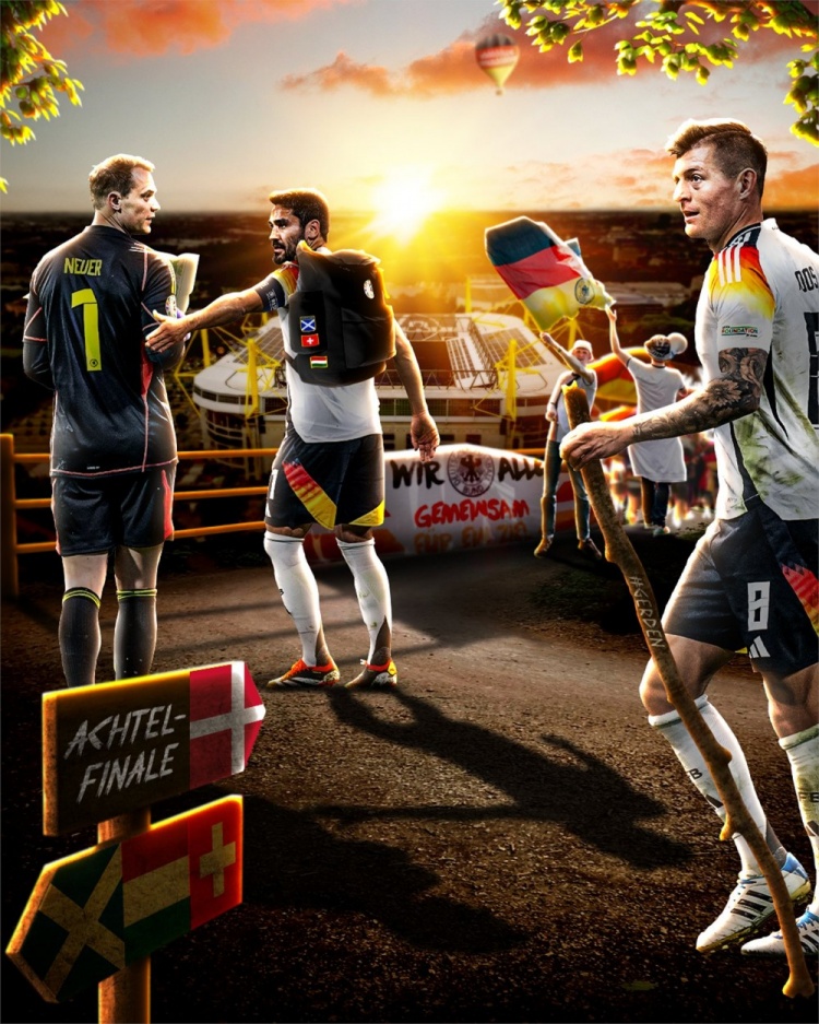 德国晒海报预热淘汰赛：克罗斯、京多安、诺伊尔出镜，球迷领路人