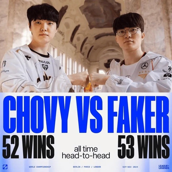 LOL官推晒Chovy和Faker小场交手记录：52胜 vs 53胜