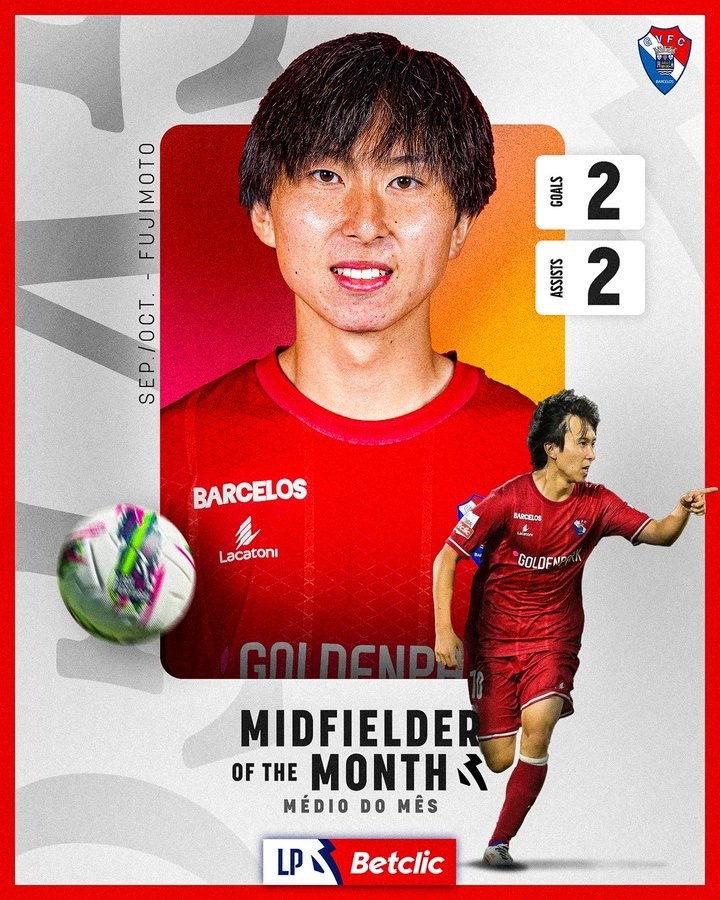  2球2助！日本球员藤本宽也中选葡超月最佳中场球员