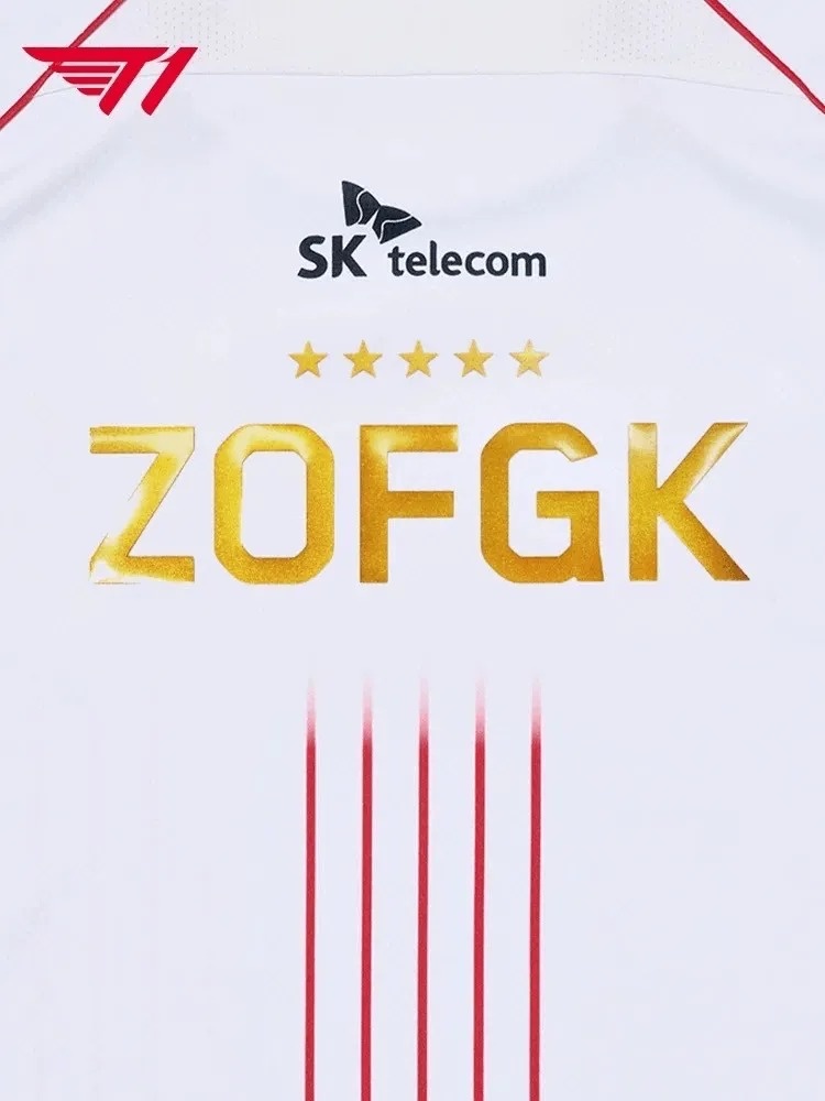 T1夺S冠五星纪念队服：ZOFGK五人组金色刺绣+S14宣传标语