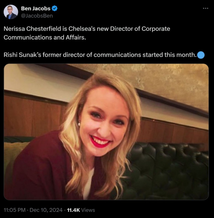 记者：尼利莎将出任切尔西传达和业务总监，曾任英国首相通讯主管
