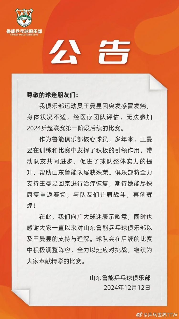 鲁能乒乓球俱乐部：王曼昱因发烧退出乒超联赛第一阶段后续比赛