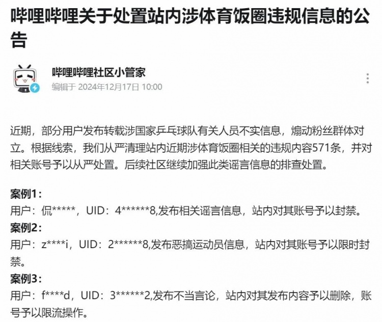 博主因煽动国乒粉丝群体间互撕对立、拉踩引战，被平台禁言