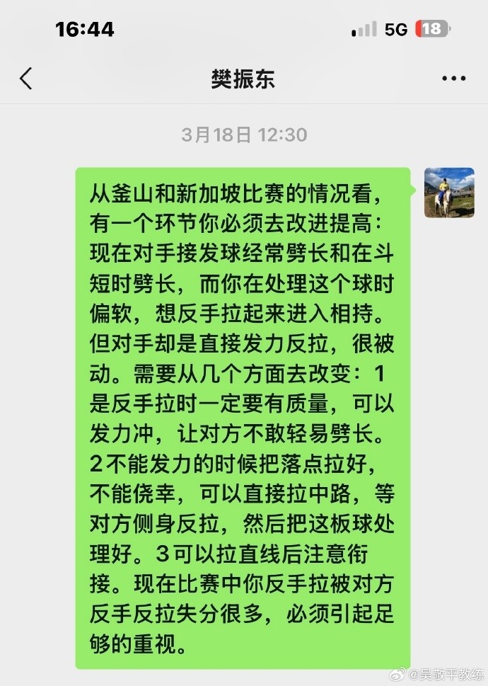 吴敬平教练晒与樊振东聊天截图，悉心指导&鼓励樊振东活出自己