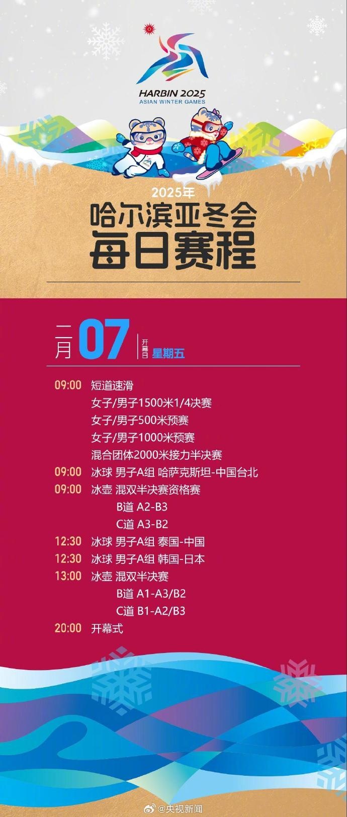 哈尔滨亚冬会赛程：短道速滑2月7日开赛，冰球、冰壶最早开赛