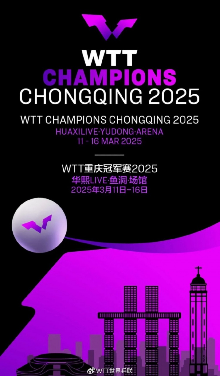 WTT重庆冠军赛：3月11日至16日进行 总奖金80万美元&冠军6万美元