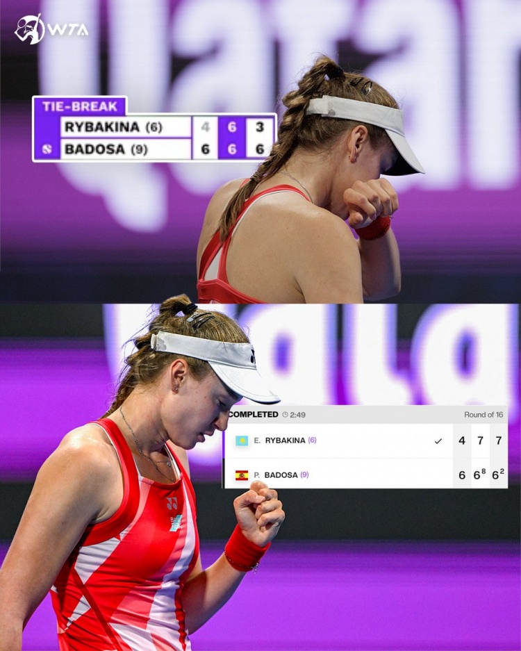 WTA1000迪拜：莱巴金娜2-1逆转巴多萨，挽救对方6个赛点晋级八强