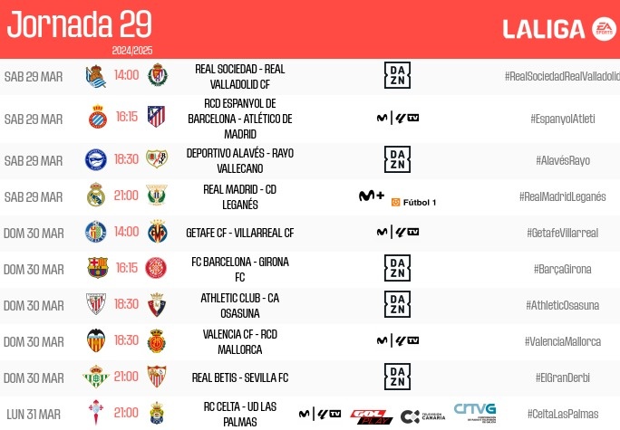 西甲29轮调整：30日23：15巴萨vs赫罗纳 31日1:30毕巴vs奥萨苏纳