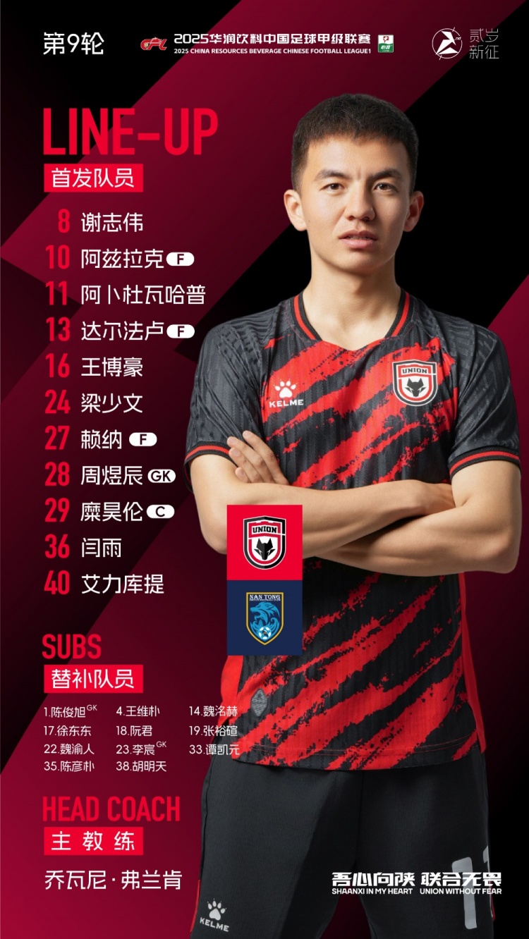 陕西联合vs南通支云，今日首发🐺