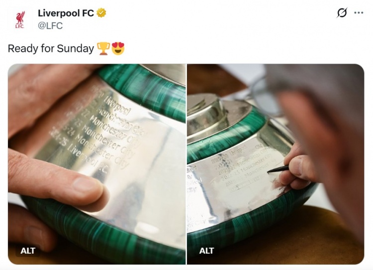 周日举行颁奖典礼🏆英超冠军奖杯已刻上利物浦名字