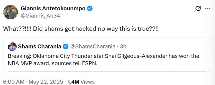 Shams称亚历山大将获得MVP！字母哥：他被黑了吧？这不可能是真的