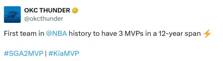草稿+交易中有异象！雷霆队在12年内赢得了3种不同的MVP  NBA历史上的第一队