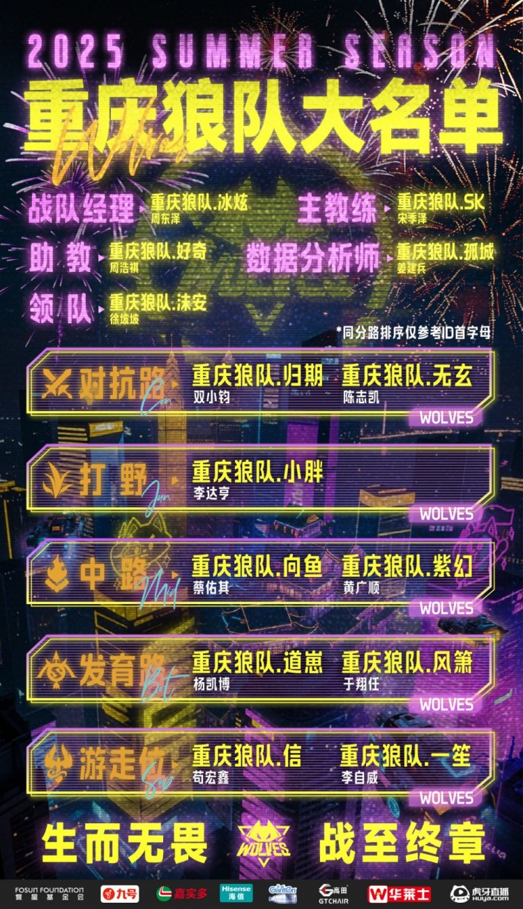 重庆狼队官宣大名单：仅打野位小胖没有替补！