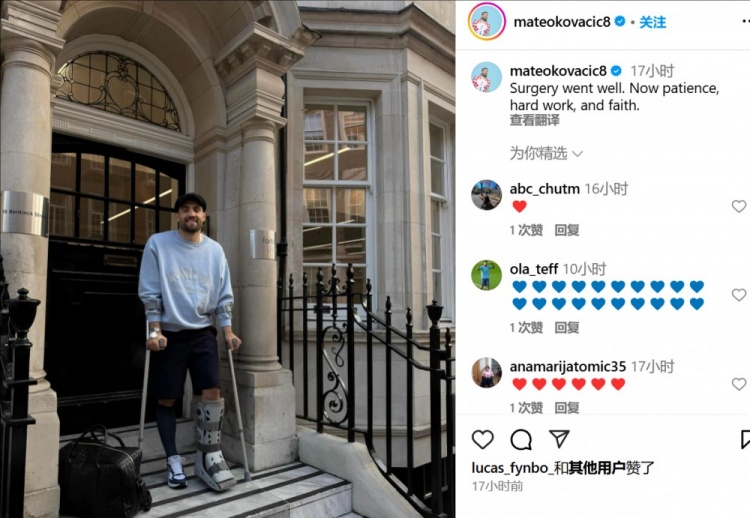 科瓦西奇社媒晒照报平安，顺利接受跟腱手术预计将伤缺3个月