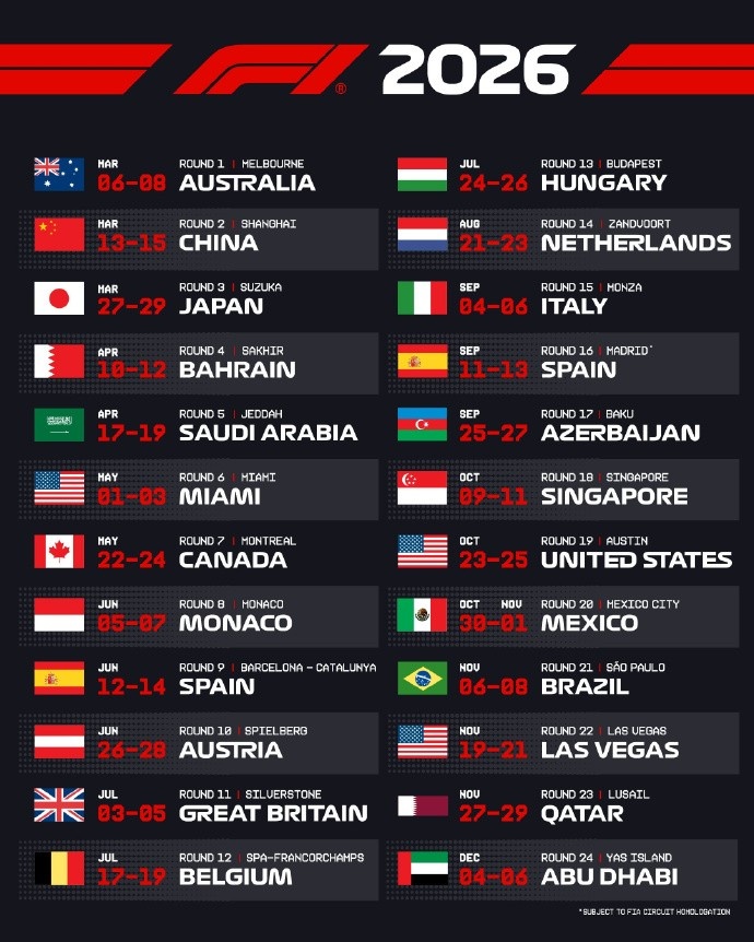 F12026年赛历：共计24站，中国站3月13日-15日，新增马德里站