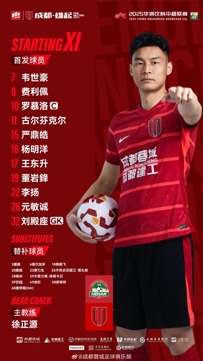 河南VS成都蓉城比赛首发名单出炉！成都，雄起！