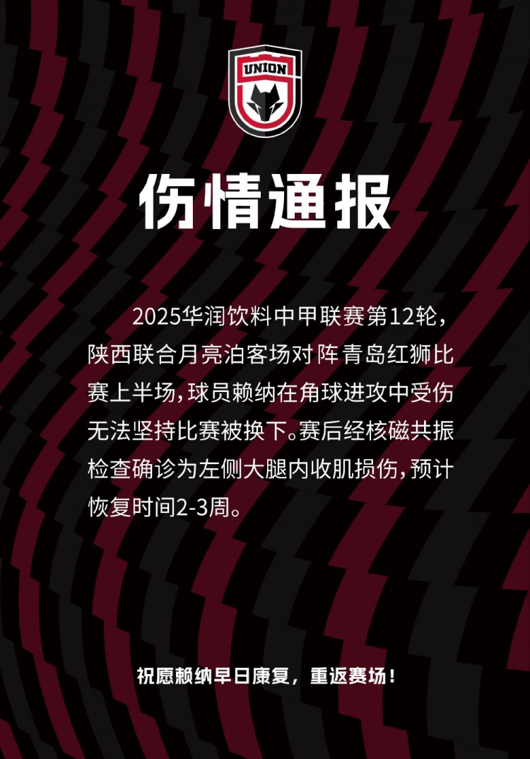 [好看推荐]陕西联合官方：中卫赖纳左侧大腿内收肌损伤，预计恢