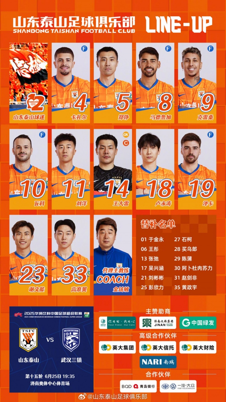 山东泰山今日阵容，加油 ​​​