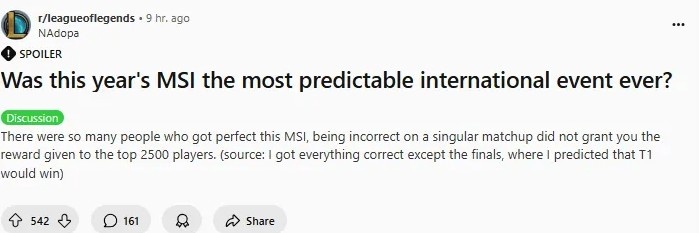 Reddit熱議”這屆MSI是不是最沒有懸念的一集“：這就是BO5的影響