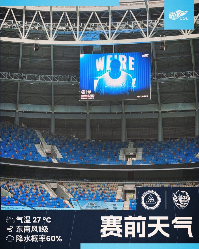 今日深圳主場氣溫27，降水概率極大，請球迷做好防雨準備