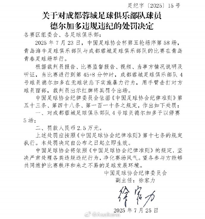 如果成都蓉城晋级足协杯决赛，德尔加多纪律处罚停赛将在决赛执行