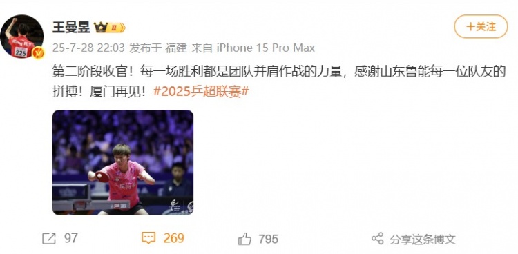 王曼昱社媒总结乒超第二阶段：每一场胜利都是团队力量，厦门再见