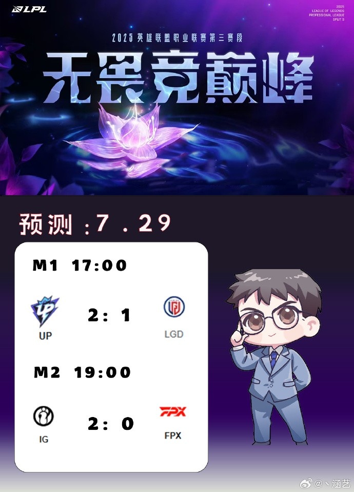 涵艺预测今日lpl赛果：UP21LGD、IG20FPX