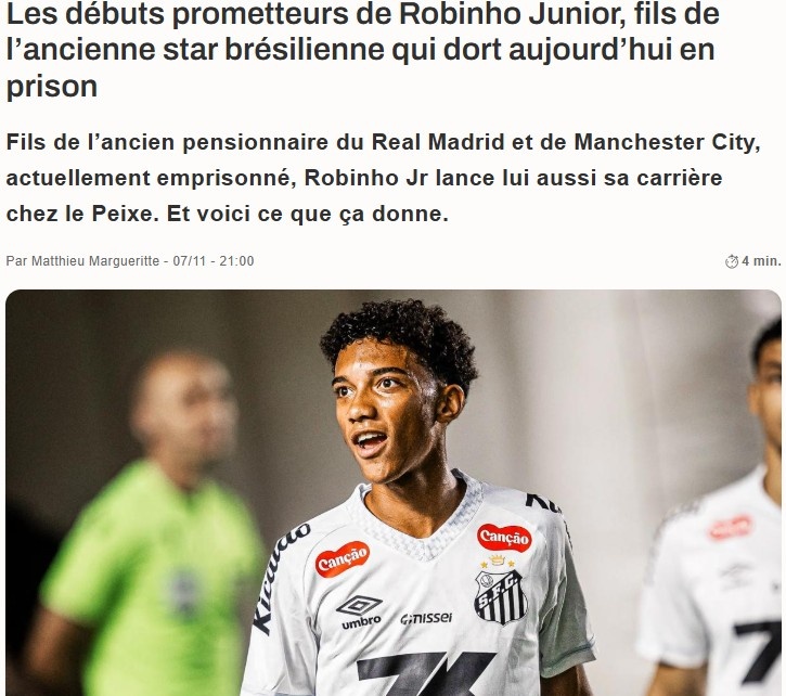 法媒：罗比尼奥之子在桑托斯已崭露头角，解约金高达5000万欧