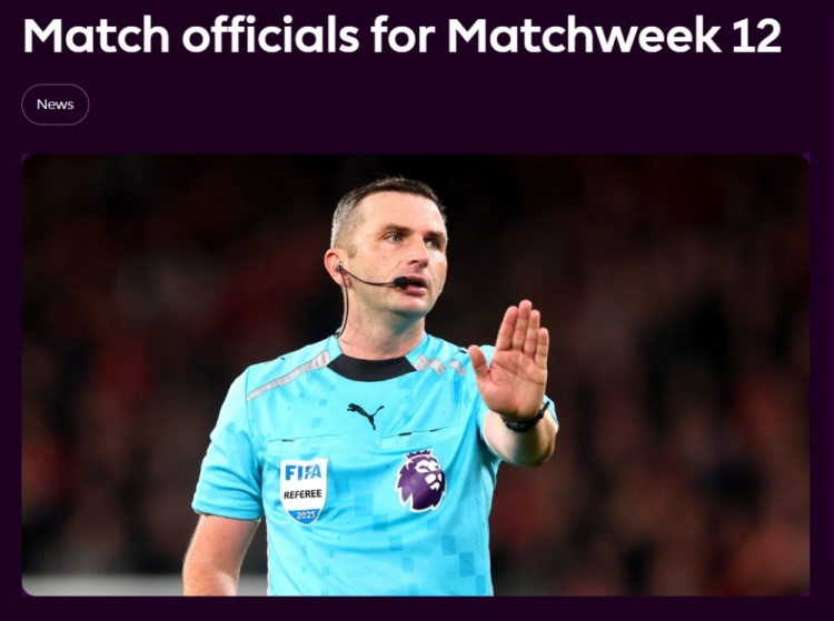 英超第12轮裁判：奥利弗执法北伦敦德比，VAR阿特维尔