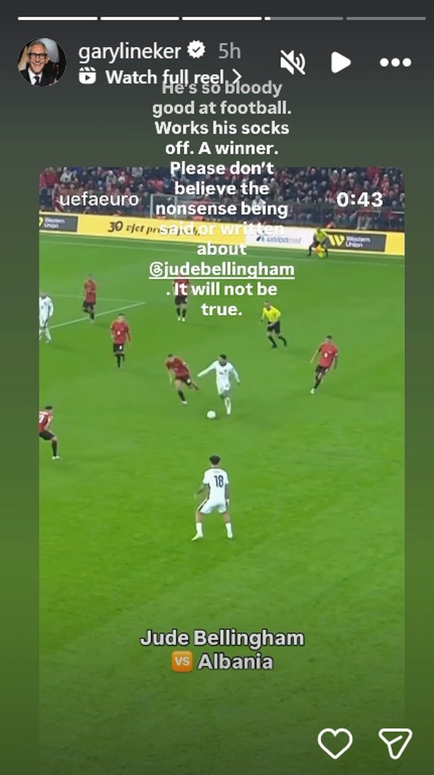 力挺！莱因克尔社媒转发贝林厄姆比赛集锦：他非常出色并拼尽全力