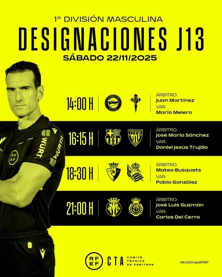 西甲明日比赛裁判公布：何塞·马里奥·桑切斯执法巴萨vs毕巴