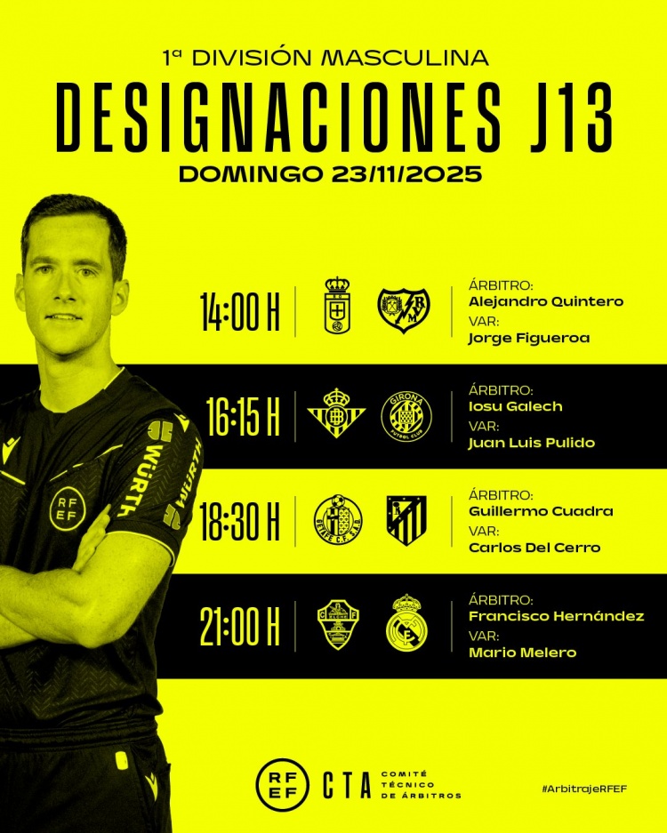 西甲明日比赛裁判安排：F·埃尔南德斯执法埃尔切vs皇马