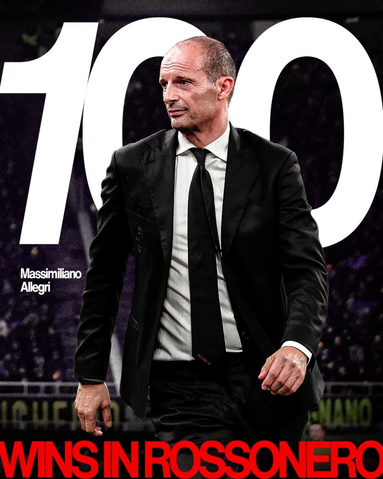 阿莱格里达成执教米兰100胜里程碑，俱乐部社媒晒海报祝贺