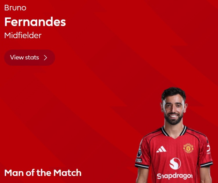 助攻双响！英超官方：B费当选曼联2-1水晶宫球迷票选全场最佳