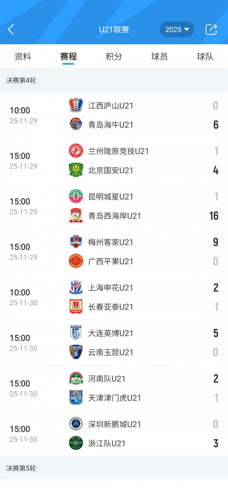 U21联赛决赛第4轮：大连英博5-0云南玉昆、梅州客家9-0广西平果