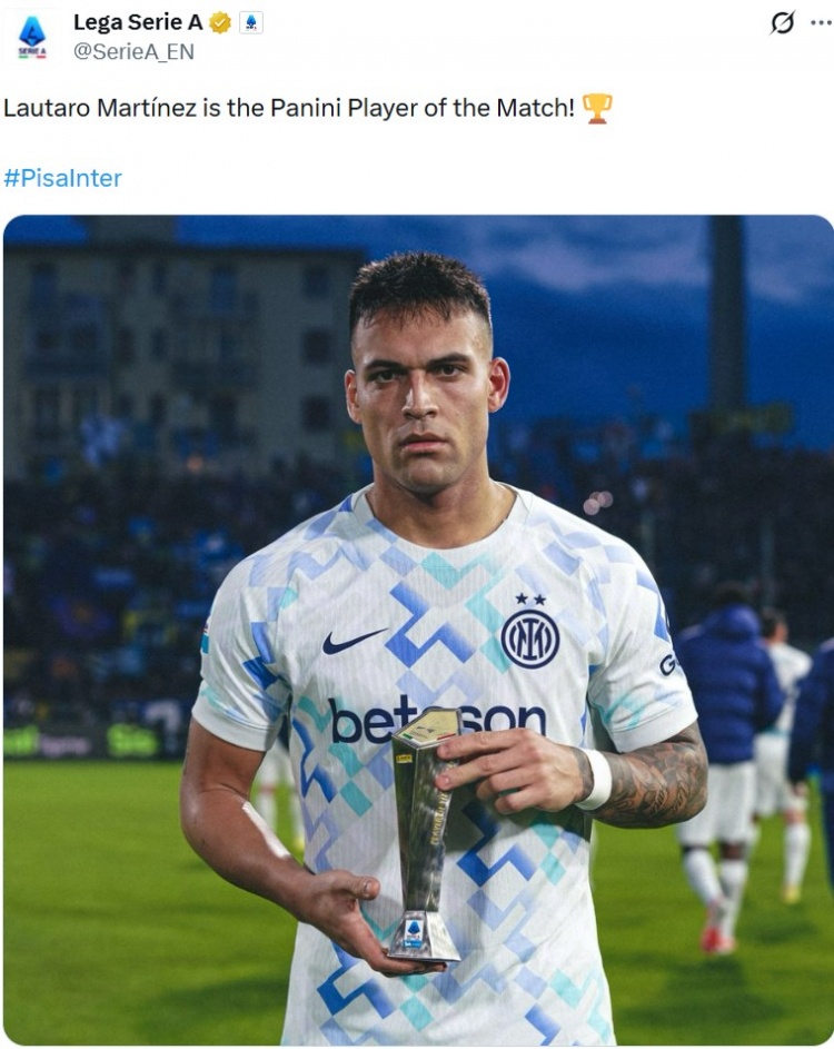 梅开二度！意甲官方：劳塔罗当选国米2-0比萨全场最佳球员