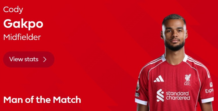 传射建功！英超官方：加克波当选利物浦2-0西汉姆全场最佳球员