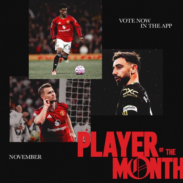 曼联11月队内最佳候选：阿玛德、B费、德里赫特