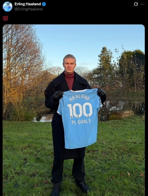 史上最快英超百球！哈兰德晒英超百球曼城纪念球衣