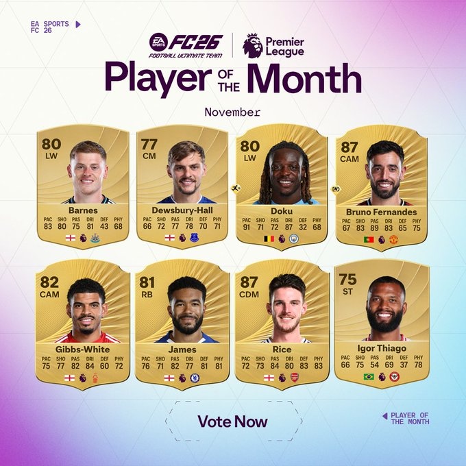 英超11月最佳球员候选：多库、B费、里斯·詹姆斯、赖斯在列