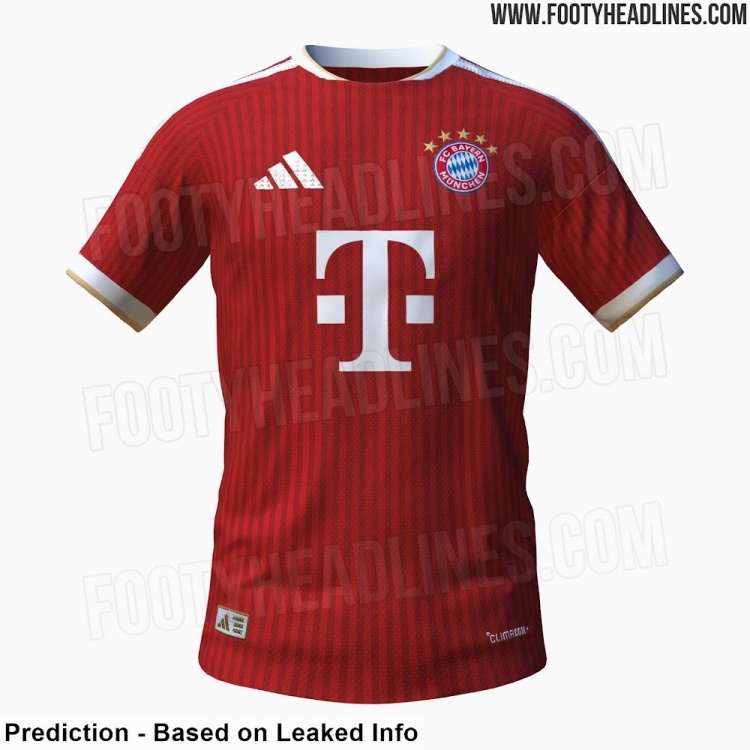 拜仁26-27赛季主场球衣谍照：传统红色基调+细条纹，搭配金色点缀