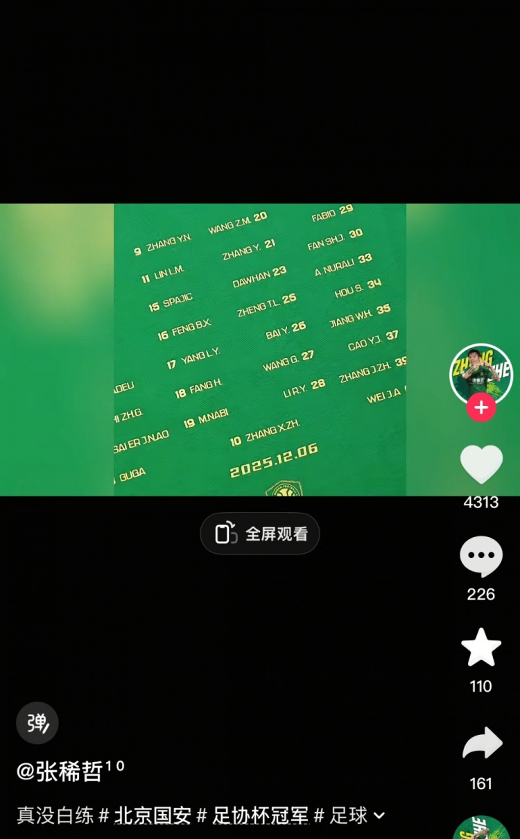 张稀哲更新社媒庆祝国安足协杯夺冠：真没白练