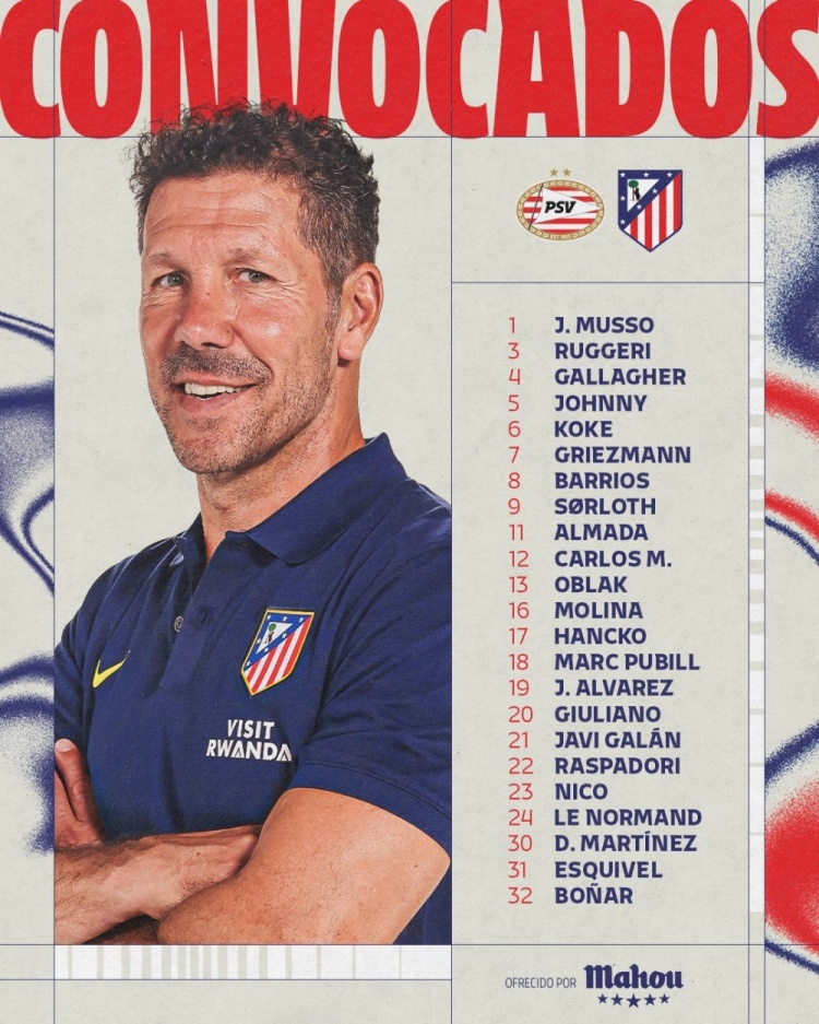 【马德里竞技】马竞客战埃因霍温名单：卡尔多索回归，朗格莱因肌