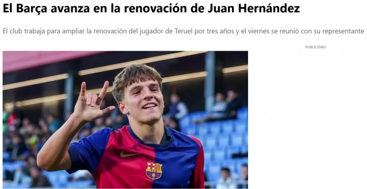 每体：巴萨希望续约中场小将胡安·埃尔南德斯，已谈判数月